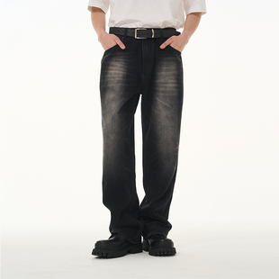 cleanfit烟灰色酵素做旧洗水猫须基础刺绣牛仔裤 cruel and harsh