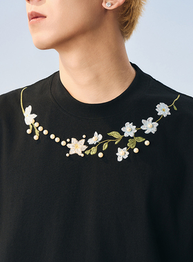 HACR｜harshandcruel植物系珍珠花卉刺绣宽松圆领短袖T恤男女