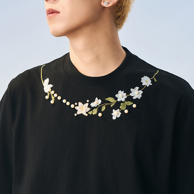 HACR｜harshandcruel植物系珍珠花卉刺绣宽松圆领短袖T恤男女