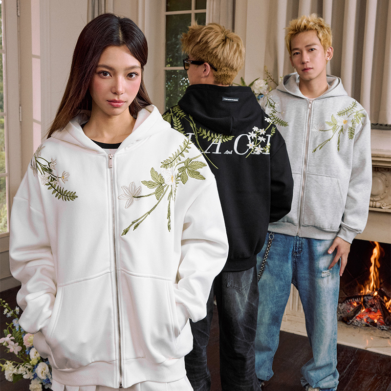 harsh and cruel新中式花卉绿花环过肩绕领刺绣连帽开衫抓绒卫衣