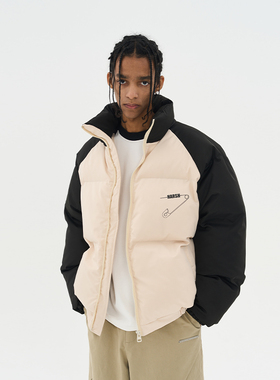 harsh and cruel 美式街头文字排版插肩袖拼色保暖加厚棉服外套