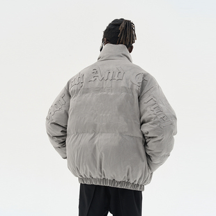 harshandcruel美式复古街头加厚保暖麂皮绒哥特字压印立领羽绒服