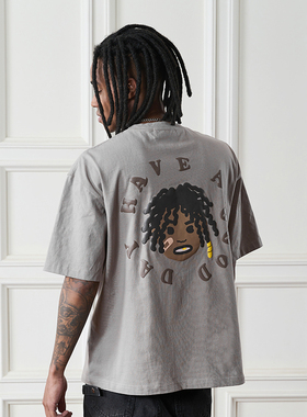 harsh and cruel街头手绘脏辫金牙小黑人发泡宽松纯棉针织短袖T恤