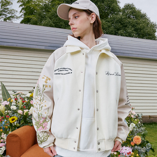 harshandcruel袖臂花卉刺绣字体排版翻领插肩袖棒球服拼色外套