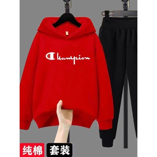 儿童潮牌秋冬款纯棉运动套装男孩女童连帽卫衣卫裤休闲加绒两件套