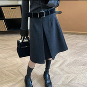配腰带毛呢半身裙女2025秋冬新款 高腰显瘦A字裙女百搭休闲中裙子