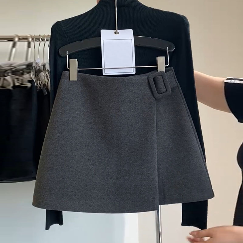 毛呢不规则短裙女秋冬款侧面腰带设计感高腰显瘦防走光A字半身裙