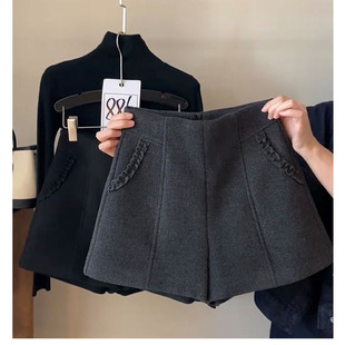 休闲裤 小个子时髦显瘦A字阔腿裤 女2025秋冬款 口袋毛呢木耳边短裤