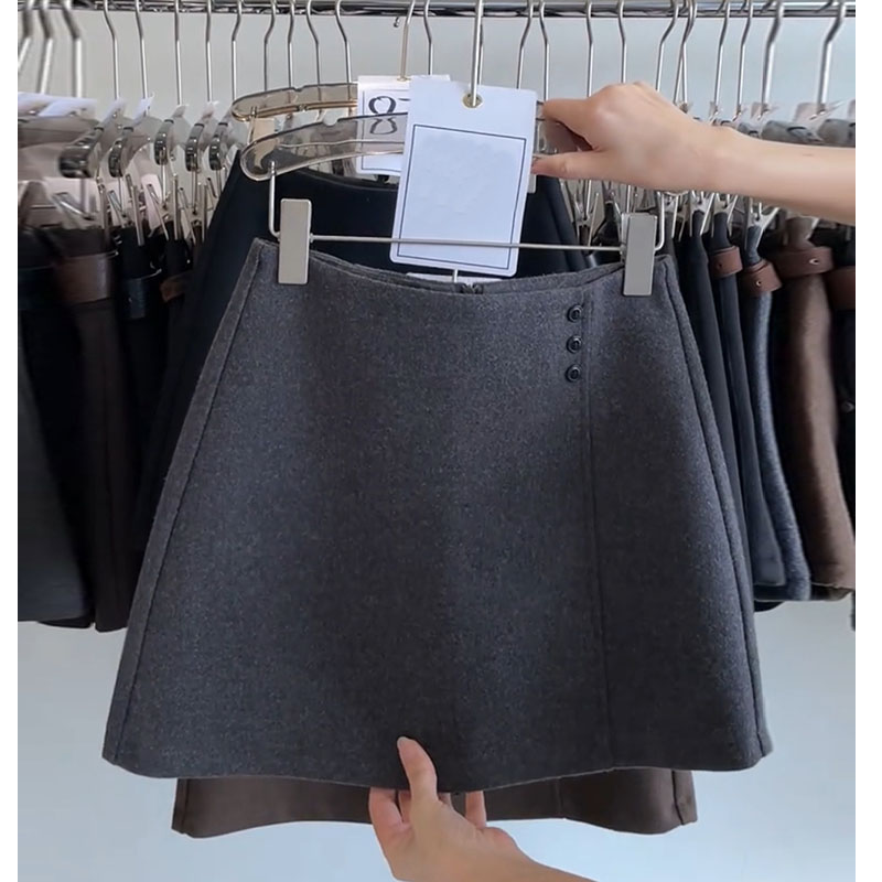 灰色毛呢半身裙女2025秋冬款高腰气质简约防走光a字三扣短裙百搭