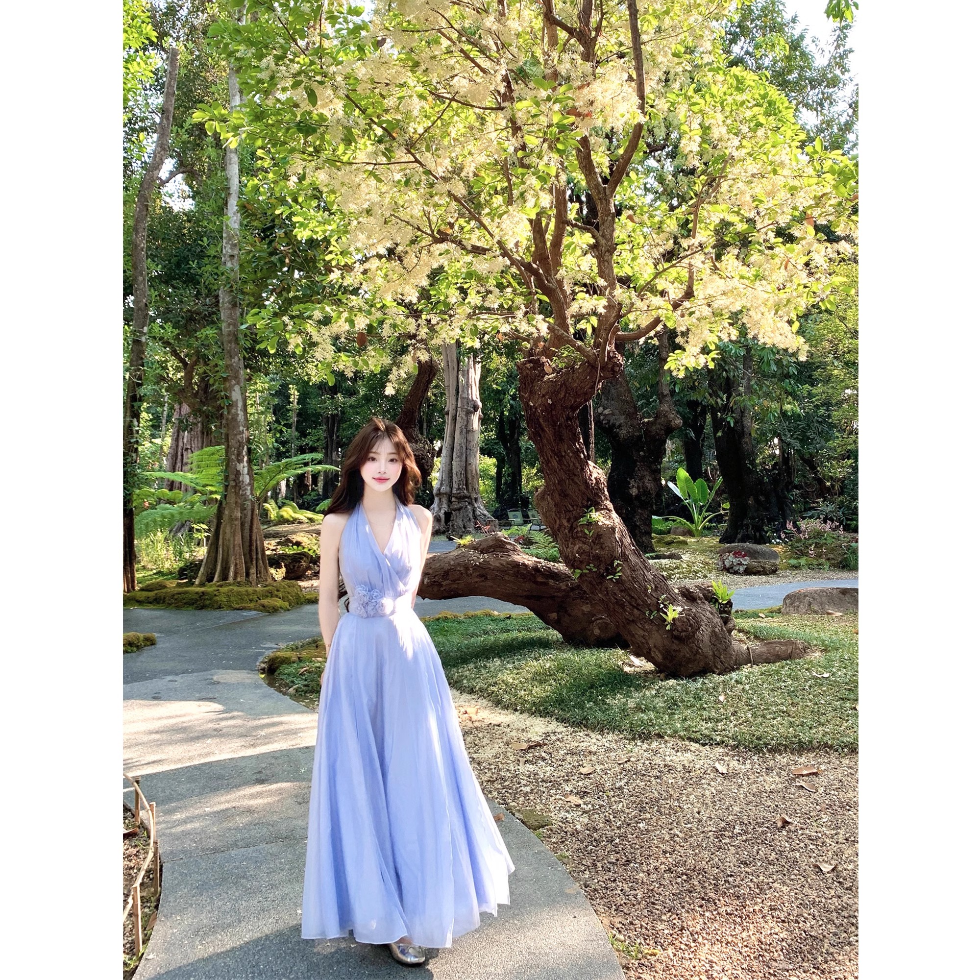 初梦POKEMENG  缪斯爱神 挂脖仙女立体花朵多裁片连衣裙度假裙