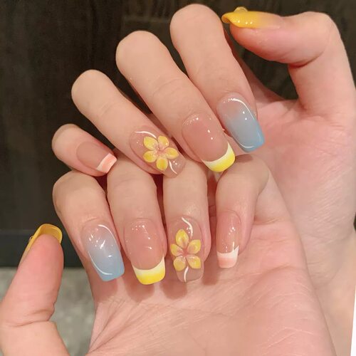 Handmade Yellow Blue Gradient Flower Press On Nails