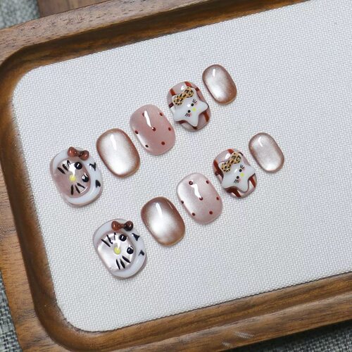 Brown Gradient Cartoon Cat Star Short Round Press On Nails