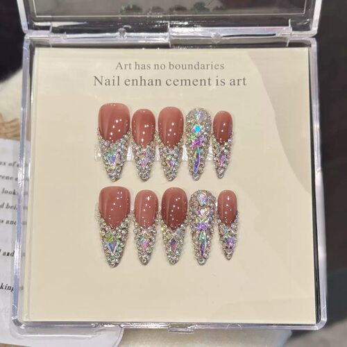 Nude Caramel AB Rhinestone Long Almond Press On Nails