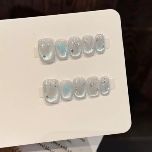 Light Blue Bow Star Cat Eye Square Press On Nails