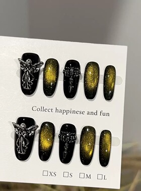 Black Gold Cat Eye Angel Charm Press On Nails