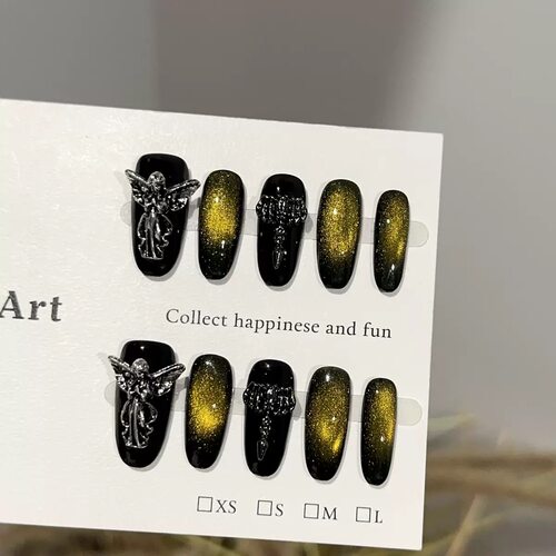 Black Gold Cat Eye Angel Charm Press On Nails