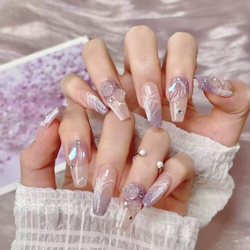 Purple Gradient 3D Rose Press On Nails