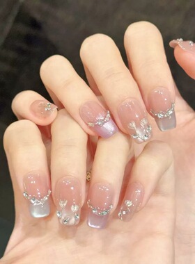 Romantic Pink Blue Ombre 3D Flower Bling False Nails