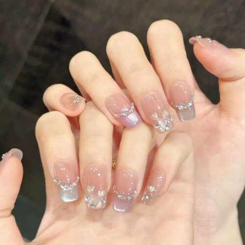 Romantic Pink Blue Ombre 3D Flower Bling False Nails