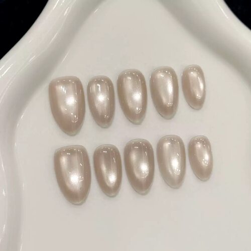 Nude Pearl Cat Eye Short Almond Press On Nails