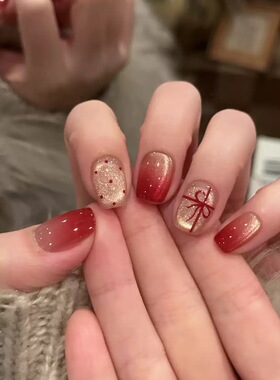 Red Gradient Bow Cat Eye Press On Nails
