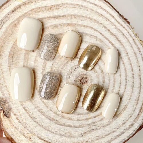 Cream Gold Glitter Short Square Press On Nails