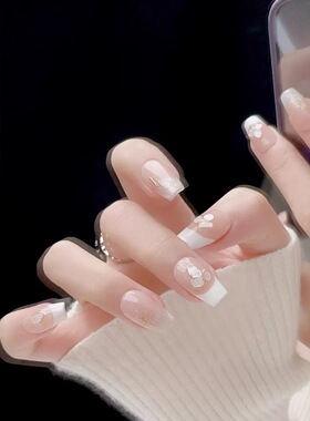 Minimalist White French Gold Floral Reusable False Nails