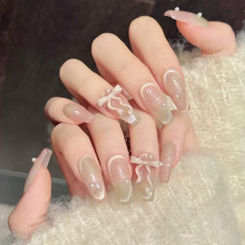 Long Coffin Milky Nude Cat Eye Bow Pearl Press On Nails