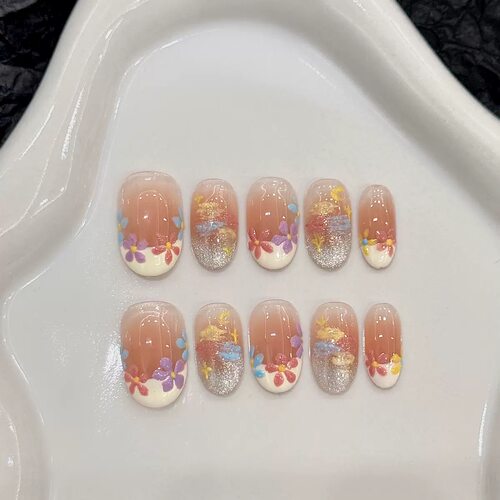 Sweet Short Oval Nude French Colorful Floral Press On Nails