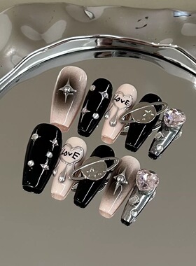Y2K Black Pink Press On Nails Planet Metal Charm False Nails