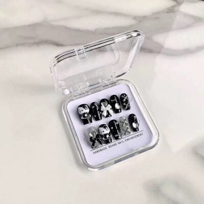 Black Hello Kitty Bow Rhinestone Handmade Press On Nails