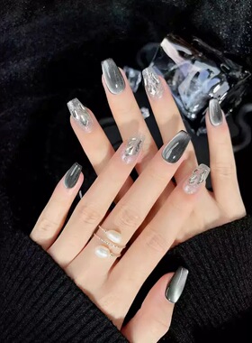 Black Silver Cat Eye Coffin Press On Nails