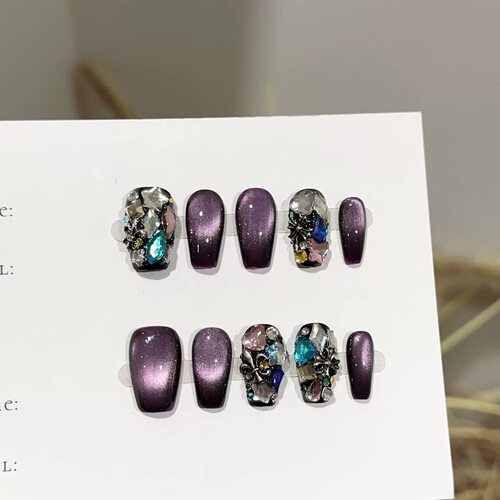 Purple Cat Eye Multicolor Rhinestone Press On Nails