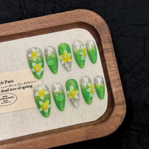 Handmade Green Gradient 3D Flower Press On Nails
