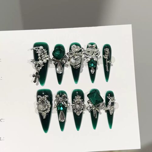 Dark Green Cross Bow Pearl Rhinestone Press On Nails