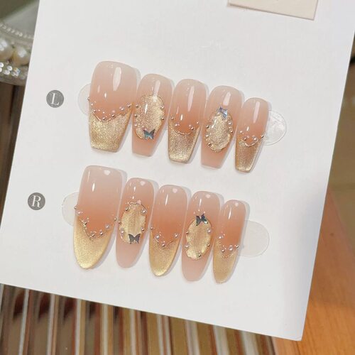 Nude Ombre Press On Nails with Gold Foil & Butterfly Accents