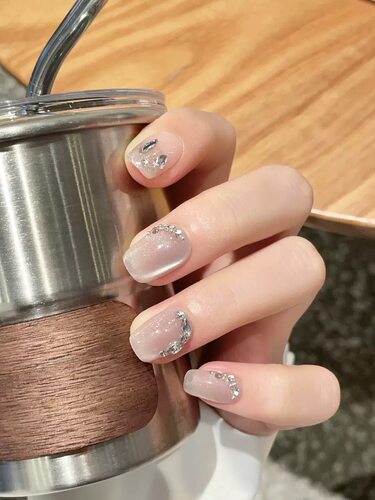 Nude Rhinestone Short Square Press On Nails