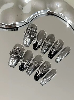 Silver Black Cross Chain Metal Handmade Press On Nails