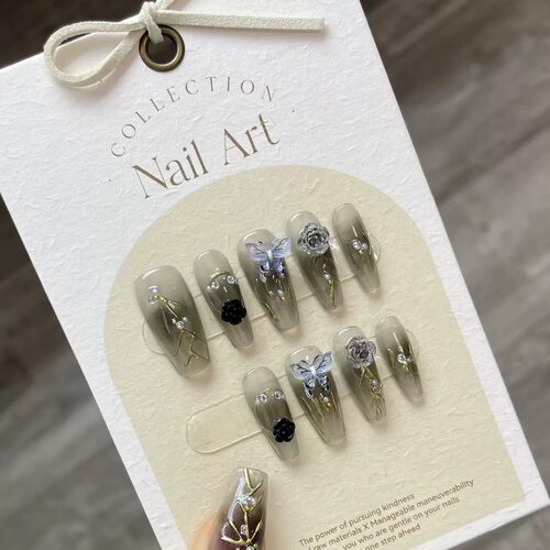 Gray‑Green Butterfly Rose Press On Nails