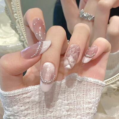 Pink French Plaid Rhinestone Handmade Press On Nails