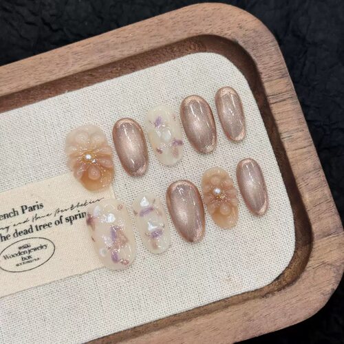 Brown Cat Eye 3D Flower Press On Nails