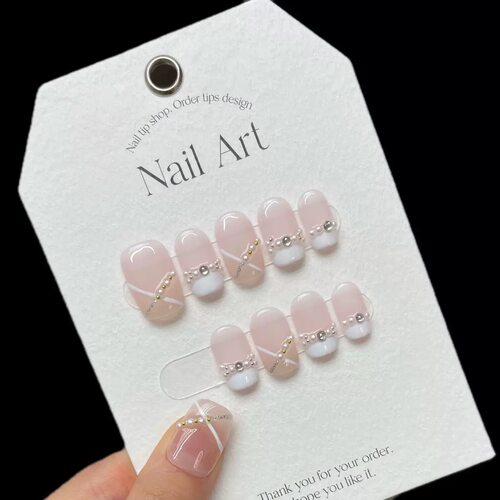 Pink White French Pearl Press On Nails