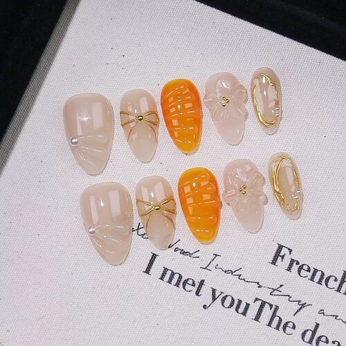 Orange Ombre Nude Floral Almond Press On Nails