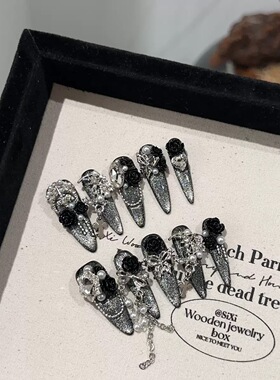 Black Rose Chain Rhinestone Handmade Press On Nails