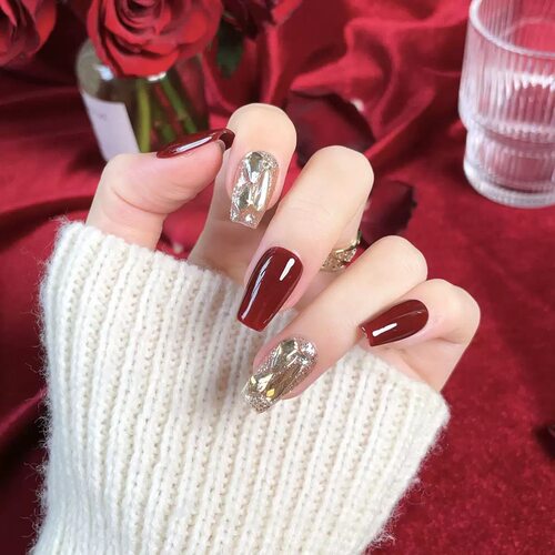 Wine Red Gold Foil Coffin Press On Nails