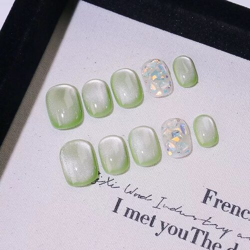 Green Cat Eye Opal Flakes Press On Nails