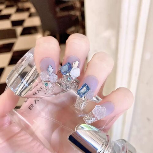 Handmade Purple 3D Flower Rhinestone False Nails
