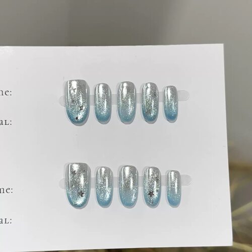 Blue Silver Star Cat Eye Press On Nails