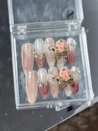 Pink Gradient 3D Rose Bow Butterfly Press On Nails