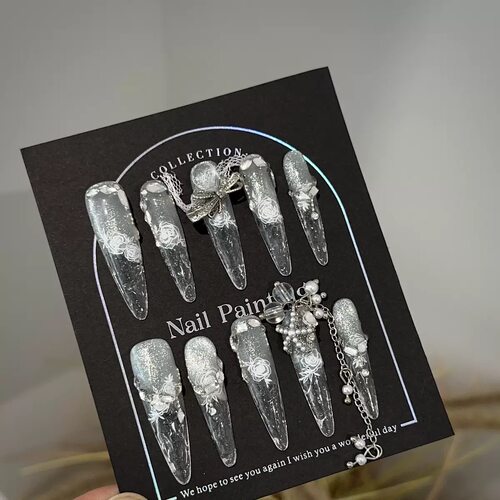 Clear Rose Bow Dangle Charm Handmade Press On Nails